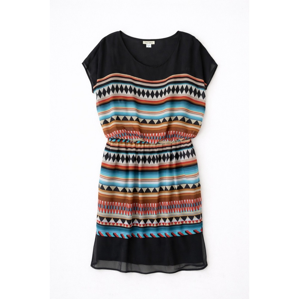 Tacera Dress Size 1X Black Multicolor Tribal Print Elastic Waist Lined Southwest
